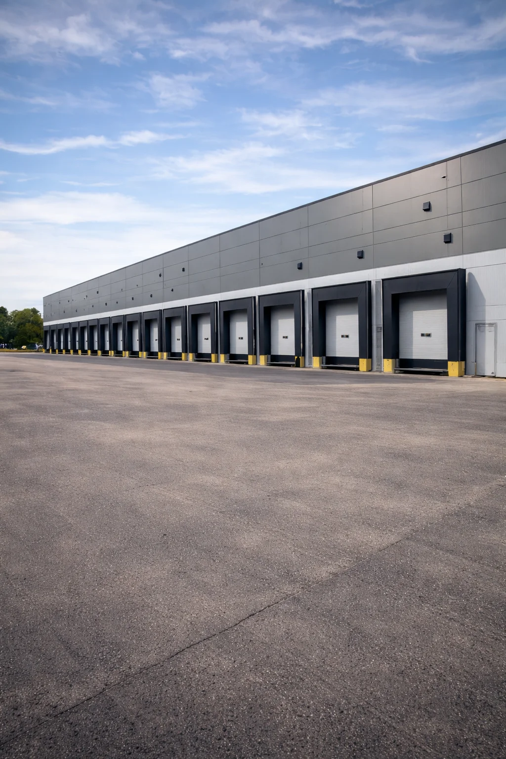 Nave industrial por fuera y por dentro, con muelles de carga y la planta diáfana acabada