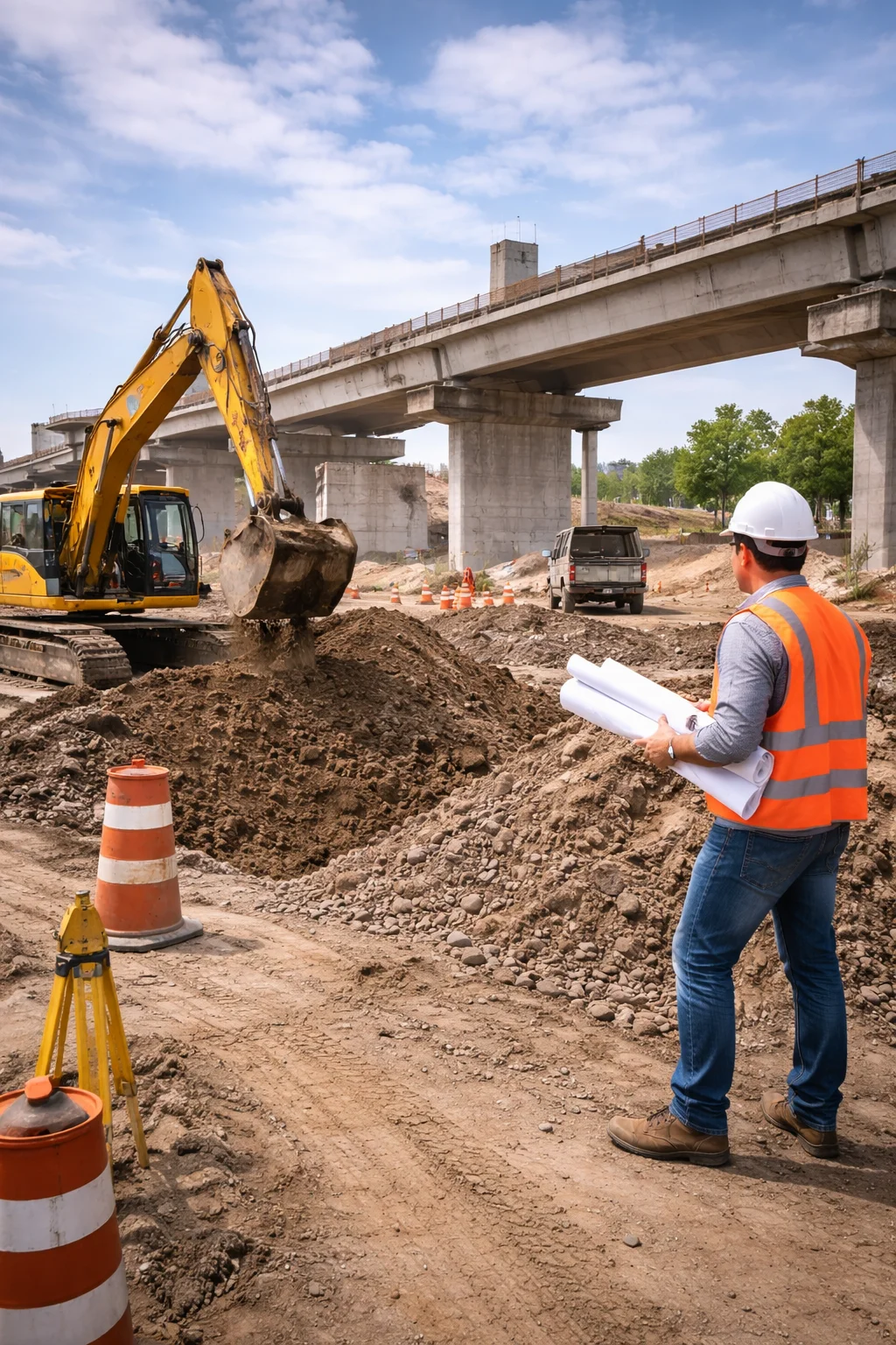 Obra civil en ejecución: movimiento de tierras, encofrado y pavimentación